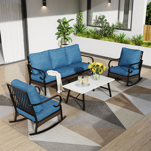 Phi Villa 5-Seater Outdoor Steel & Rattan Dark Color Sofa Set With Coffee Table