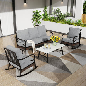 Phi Villa 5-Seater Outdoor Steel & Rattan Dark Color Sofa Set With Coffee Table