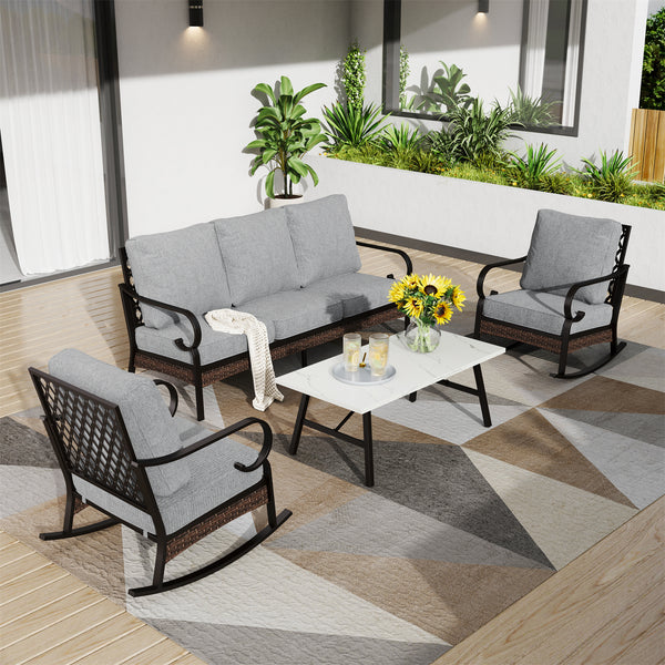 Phi Villa 5-Seater Outdoor Steel & Rattan Dark Color Sofa Set With Coffee Table