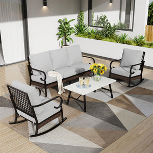 Phi Villa 5-Seater Outdoor Steel & Rattan Dark Color Sofa Set With Coffee Table