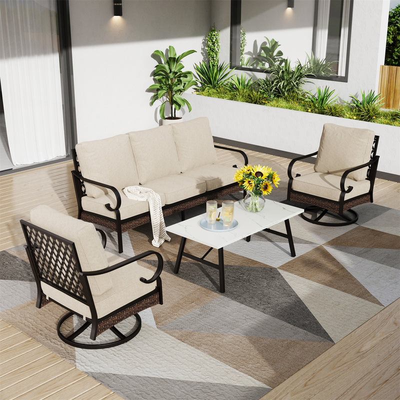 Phi Villa 5-Seater Outdoor Steel & Rattan Dark Color Sofa Set With Coffee Table