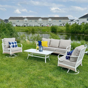 Phi Villa 5-Seater Outdoor Steel & Rattan Fresh Color Sofa Set With Coffee Table