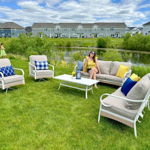 Phi Villa 7-Seater Patio Steel & Rattan Fresh Color Sofa With Coffee Table