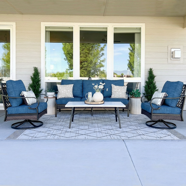 Phi Villa 5-Seater Outdoor Steel & Rattan Dark Color Sofa Set With Coffee Table