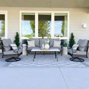 Phi Villa 5-Seater Outdoor Steel & Rattan Dark Color Sofa Set With Coffee Table