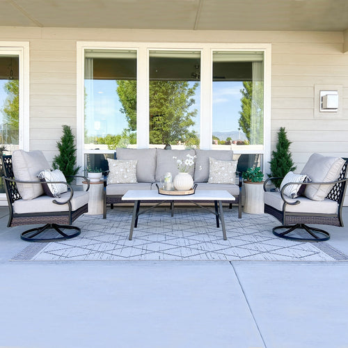 Phi Villa 5-Seater Outdoor Steel & Rattan Dark Color Sofa Set With Coffee Table