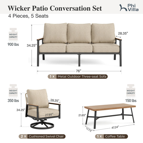 5-Seater Patio Metal Sofa Set with Mirage Rattan Backrest