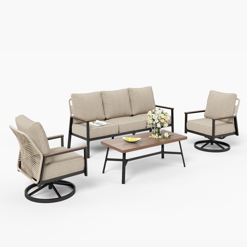 5-Seater Patio Metal Sofa Set with Mirage Rattan Backrest