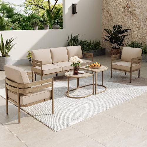 5-Seater Patio Curved Wood-Like Metal Sofa Set