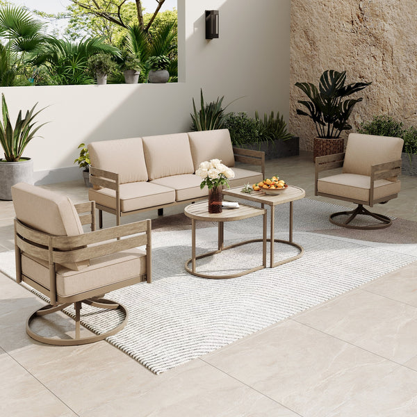 5-Seater Patio Curved Wood-Like Metal Sofa Set