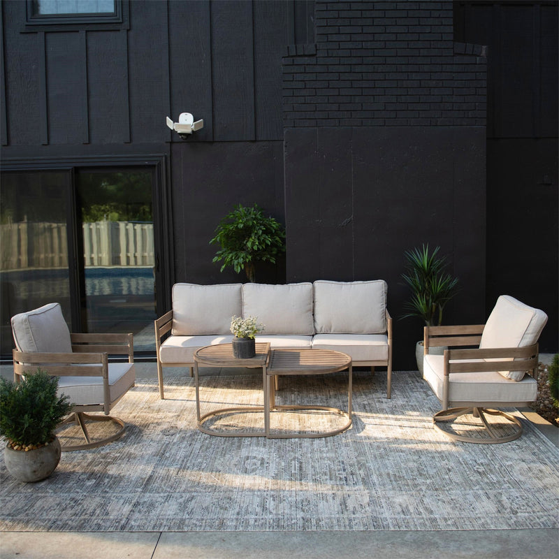 Phi Villa 5-Seater Patio Curved Metal Wood-Like Sofa Set