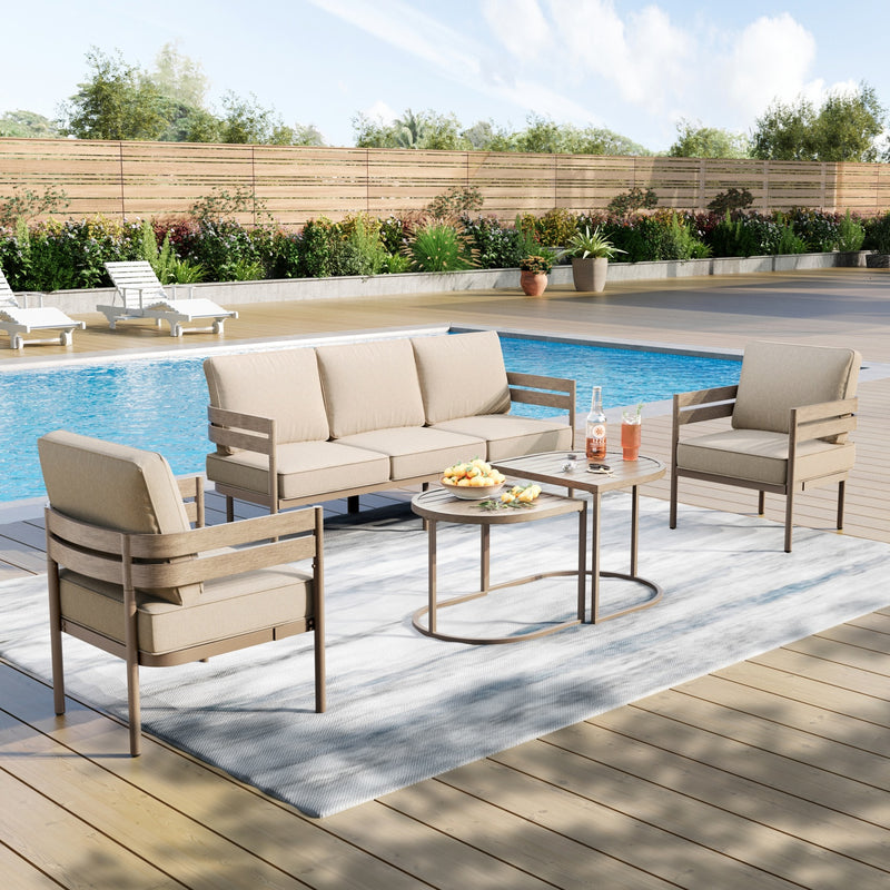 Phi Villa 5-Seater Patio Curved Metal Wood-Like Sofa Set