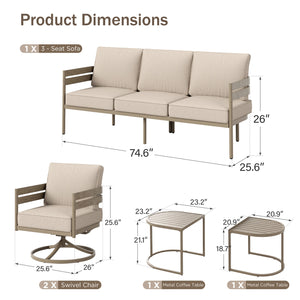 5-Seater Patio Curved Wood-Like Metal Sofa Set
