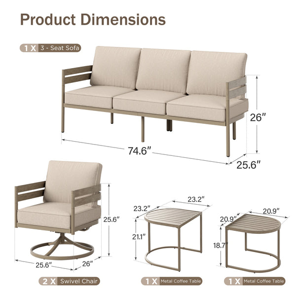 5-Seater Patio Curved Wood-Like Metal Sofa Set