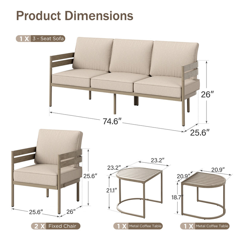 Phi Villa 5-Seater Patio Curved Metal Wood-Like Sofa Set