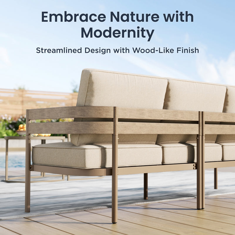 Phi Villa 5-Seater Patio Curved Metal Wood-Like Sofa Set