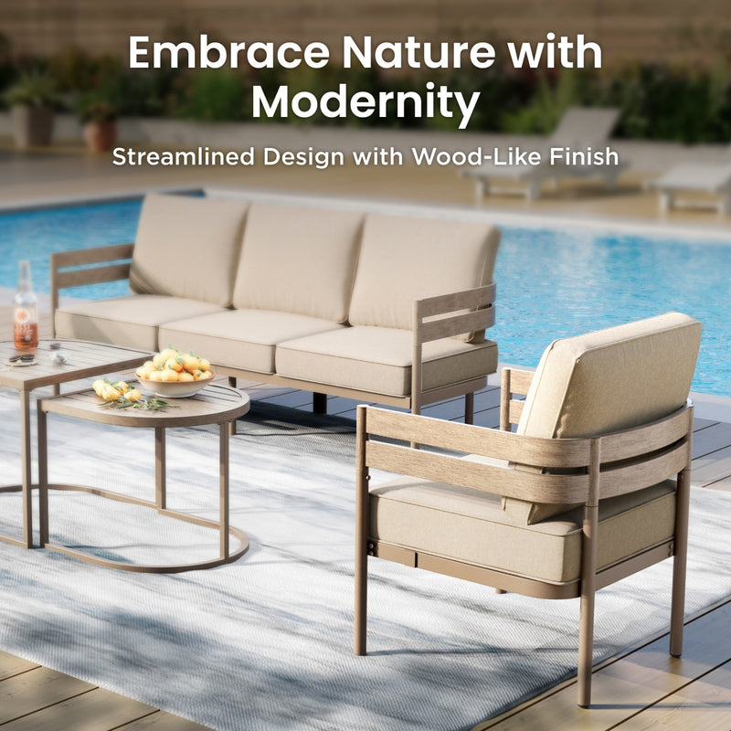 Phi Villa 5-Seater Patio Curved Metal Wood-Like Sofa Set