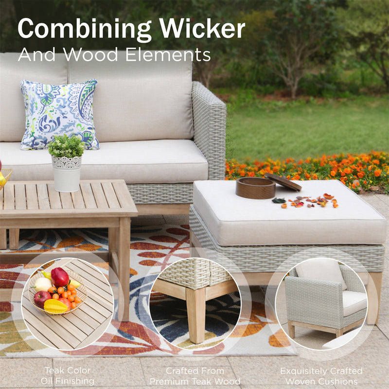 Phi Villa 5-Seater Patio Rattan & Acacia Wood Sofa Conversation Set