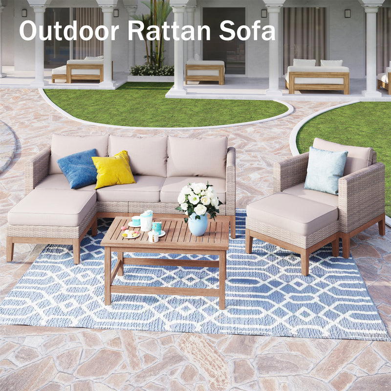 Phi Villa 5-Seater Patio Rattan & Acacia Wood Sofa Conversation Set