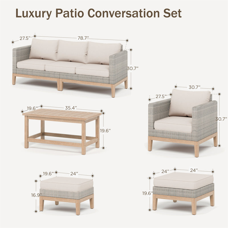 Phi Villa 5-Seater Patio Rattan & Acacia Wood Sofa Conversation Set