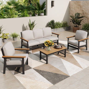 5-Seater Eco-Friendly HDPE Rattan and Wood-Grain Tranquil Garden Sofa Set