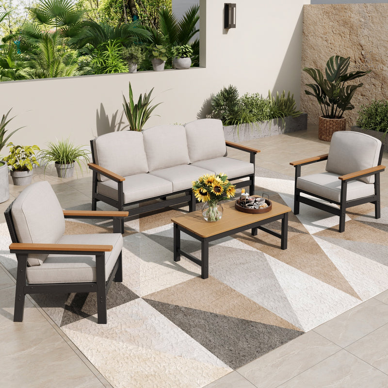 Phi Villa 5-Seater Patio Eco-Friendly HDPE Tranquil Rattan and Wood-Grain Sofa Set