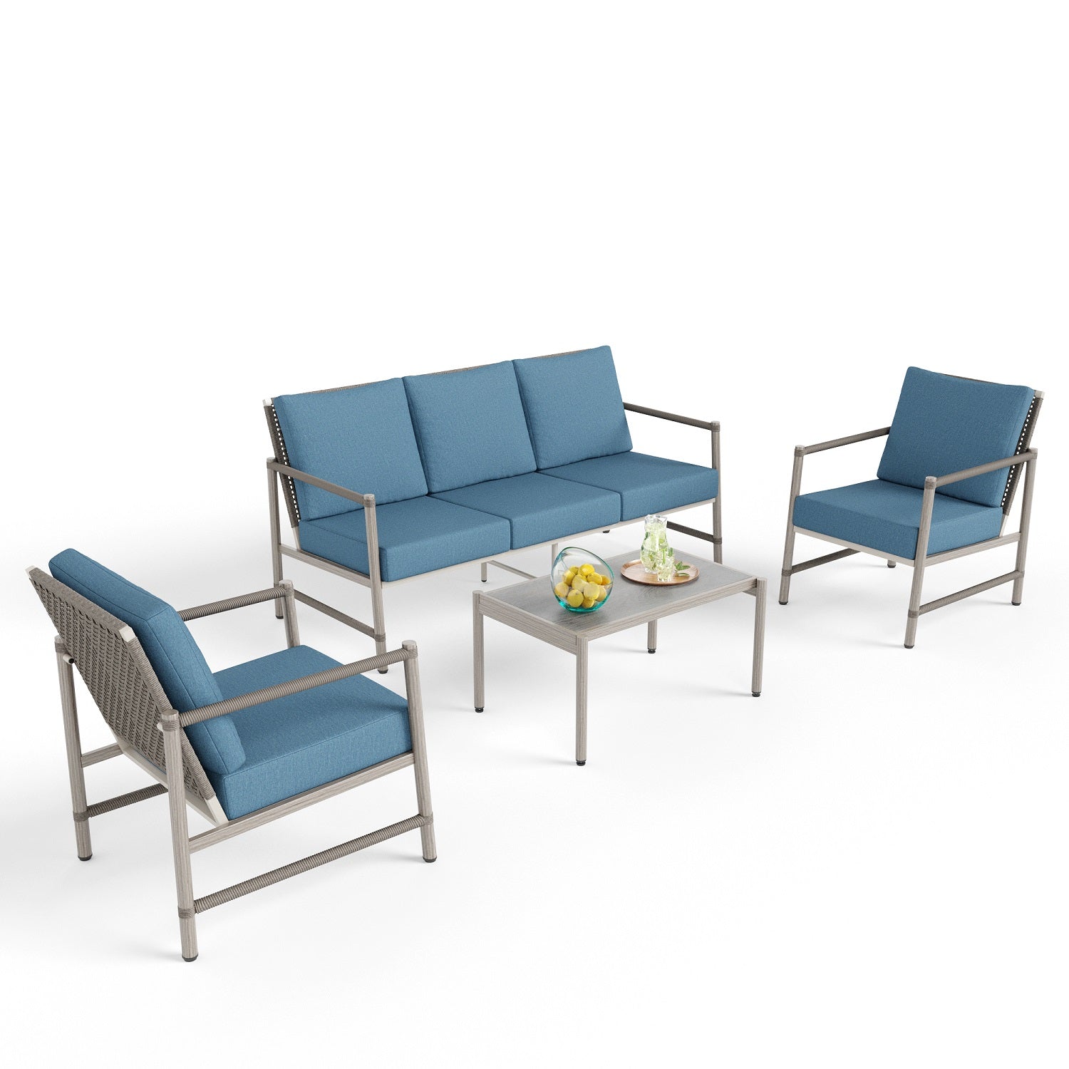 Phi Villa Vintage Outdoor Wicker and Mimics Wood Sofa Set with Coffee