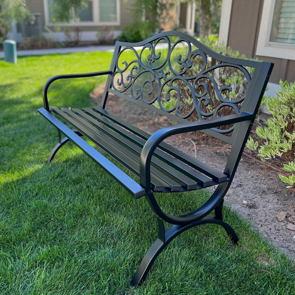 PHI VILLA 50 Inch Garden Patio Bench Cast Iron Steel Frame with Phalaenopsis Pattern