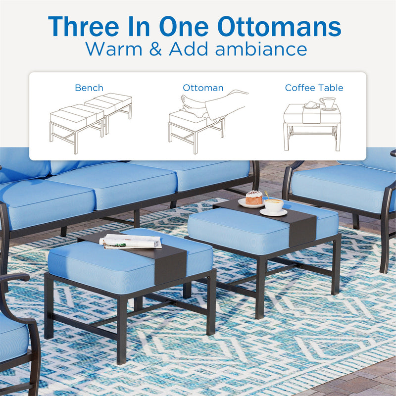 Phi Villa 7-Seater Patio Steel Sofa With Multi-fuctional Ottomans and Coffee Table