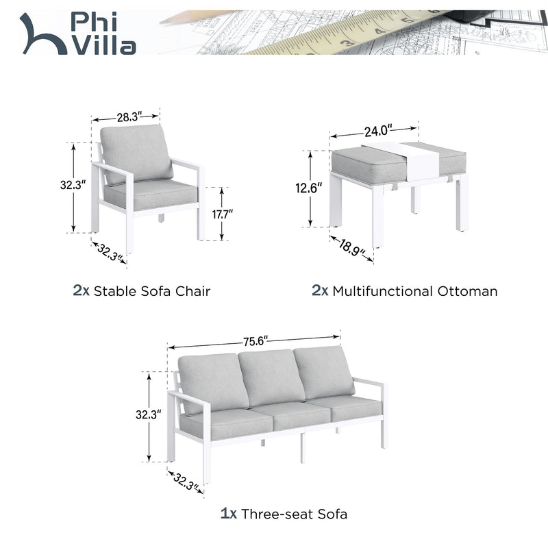 Phi Villa 7-Seater Patio Aluminum Sofa 6 Pcs Outdoor Furniture Set with Coffee Table