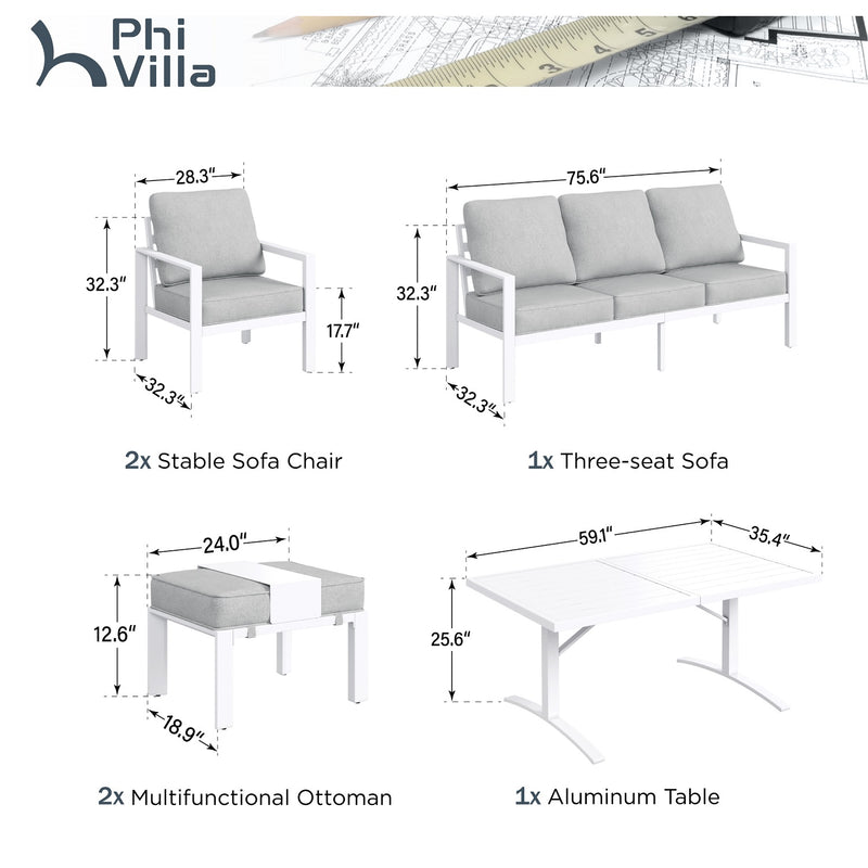 Phi Villa 7-Seater Patio Aluminum Sofa 6 Pcs Outdoor Furniture Set with Coffee Table