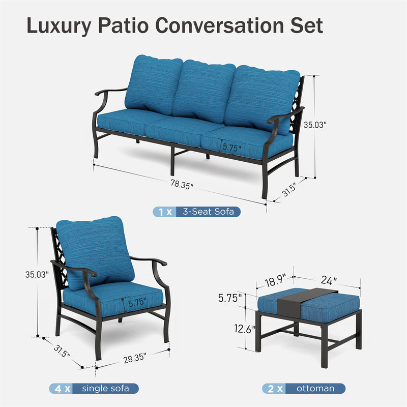 Phi Villa 7-Seater Patio Steel Sofa With Cushions And Multi-fuctional Ottomans