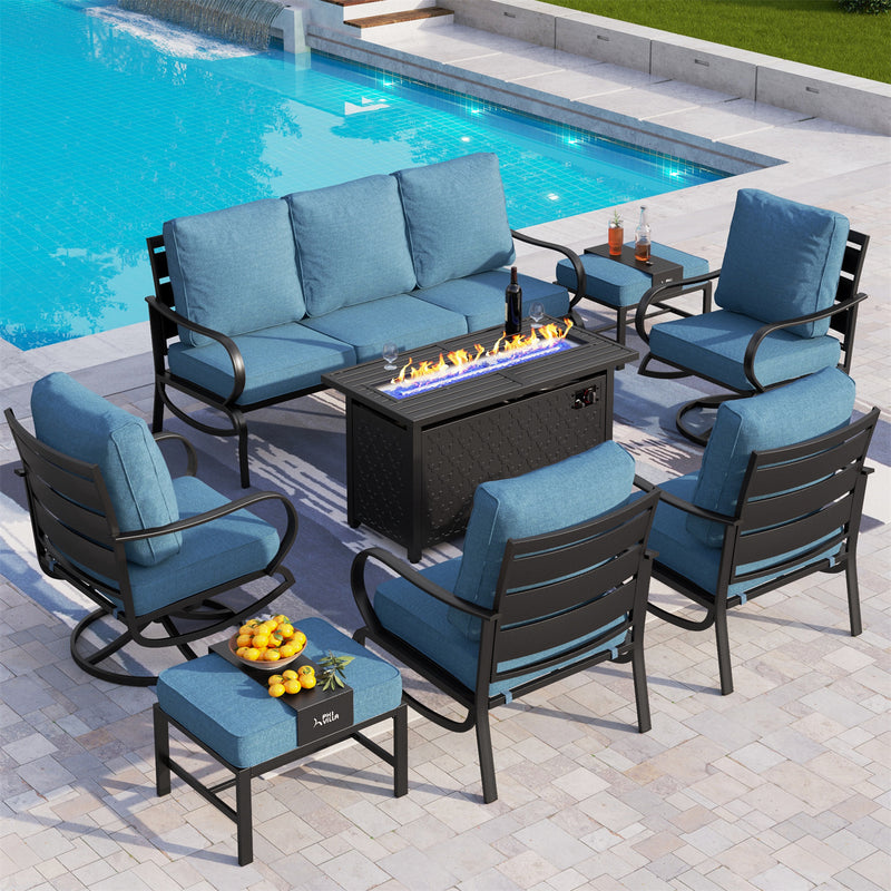 Phi Villa 9-Seater Patio Steel Conversation Sofa Sets With Leather Grain Fire Pit Table