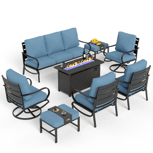9-Seater Patio Metal Wave Sofa Sets With Fire Pit Table