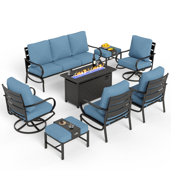 9-Seater Patio Metal Wave Sofa Sets With Fire Pit Table