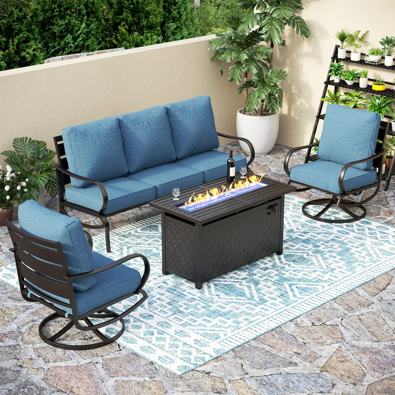 Phi Villa 5-Seater Patio Steel Conversation Sofa Sets With Leather Grain Fire Pit Table