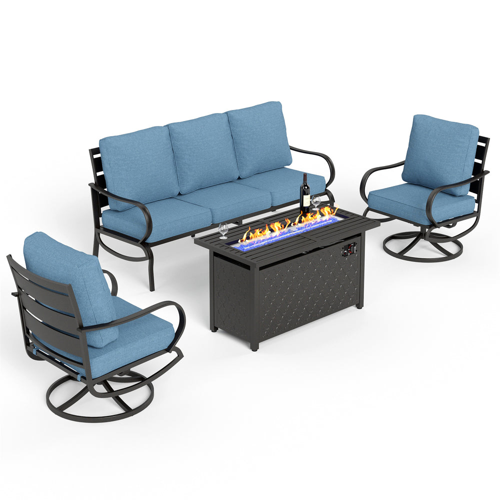 5-Seater Patio Metal Wave Sofa Set with Fire Pit Table