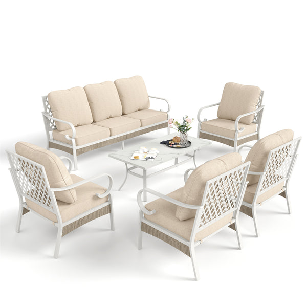 7-Seater Patio Metal All-White Sofa Set with Rattan Edge for Sale