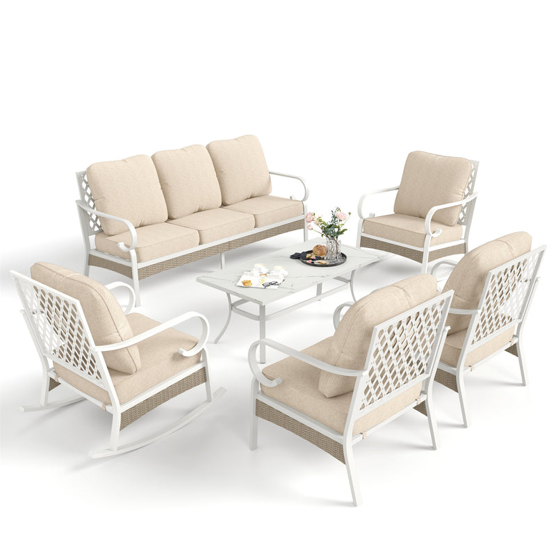 Phi Villa 7-Seater Outdoor Steel & Rattan Fresh Color Sofa Set With Coffee Table