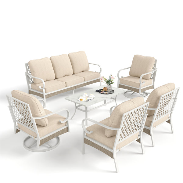 7-Seater Patio Metal All-White Sofa Set with Rattan Edge for Sale