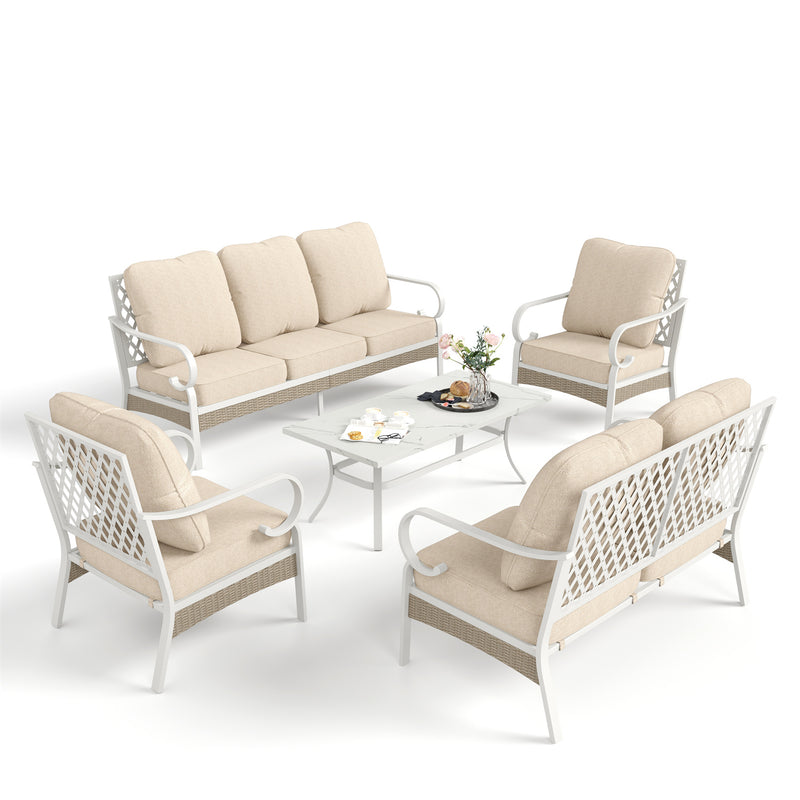 Phi Villa 7-Seater Patio Steel & Rattan Fresh Color Sofa With Coffee Table