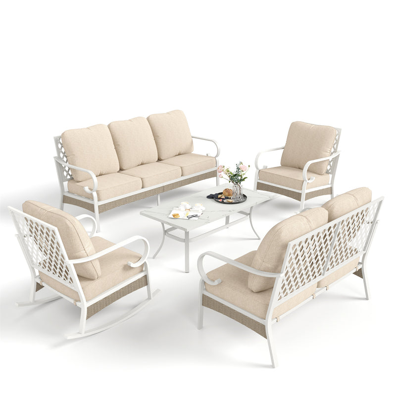 Phi Villa 7-Seater Patio Steel & Rattan Fresh Color Sofa With Coffee Table