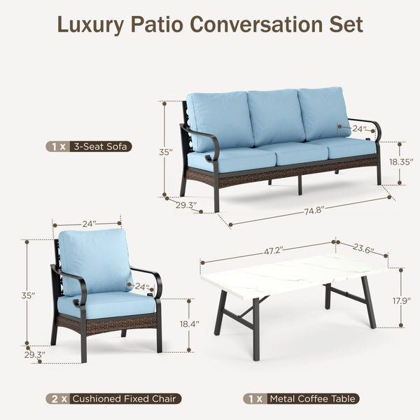 Phi Villa 7-Seater Outdoor Steel & Rattan Dark Color Sofa Set With Coffee Table