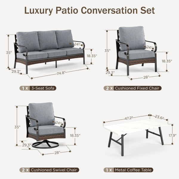 Phi Villa 7-Seater Outdoor Steel & Rattan Dark Color Sofa Set With Coffee Table