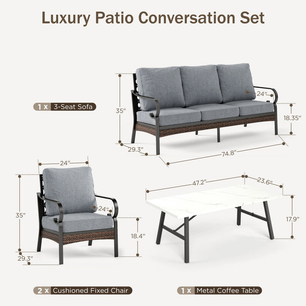 Phi Villa 7-Seater Outdoor Steel & Rattan Dark Color Sofa Set With Coffee Table