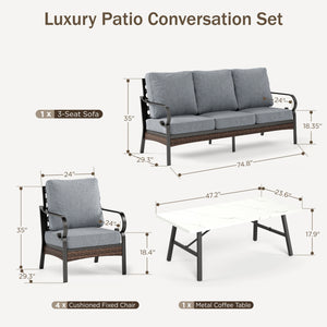 Phi Villa 7-Seater Outdoor Steel & Rattan Dark Color Sofa Set With Coffee Table