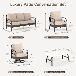 Phi Villa 7-Seater Outdoor Steel & Rattan Dark Color Sofa Set With Coffee Table