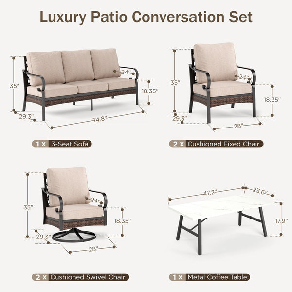 Phi Villa 7-Seater Outdoor Steel & Rattan Dark Color Sofa Set With Coffee Table