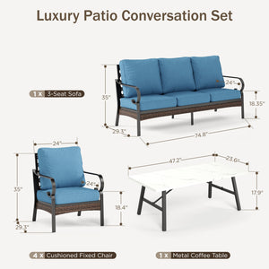 Phi Villa 7-Seater Outdoor Steel & Rattan Dark Color Sofa Set With Coffee Table