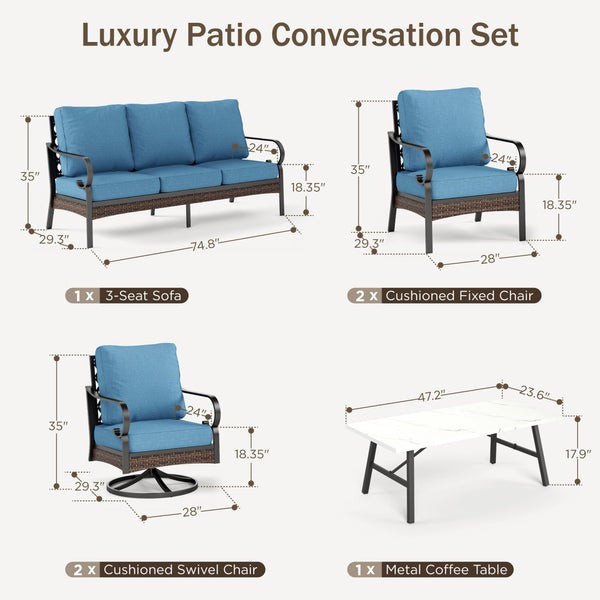 Phi Villa 7-Seater Outdoor Steel & Rattan Dark Color Sofa Set With Coffee Table